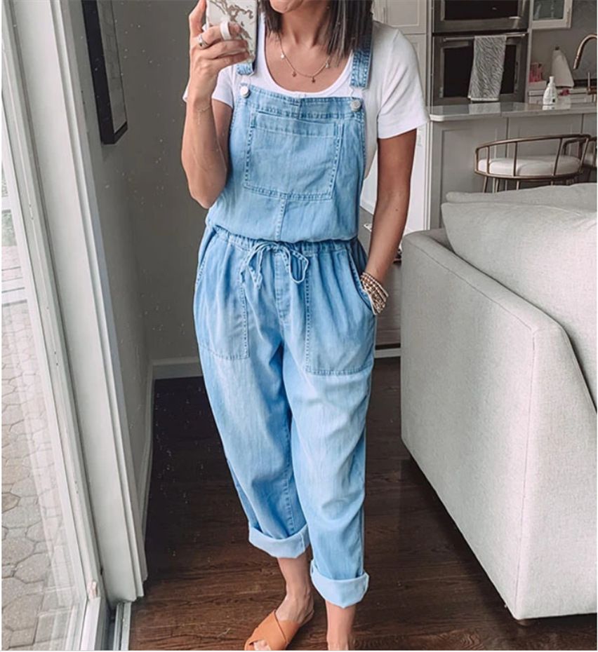 Women's wide-leg overall pants – light blue colorway front view