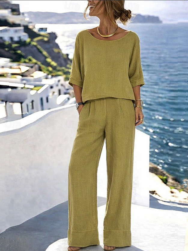 Women's cotton linen resort two-piece set – short sleeve top and wide-leg pants