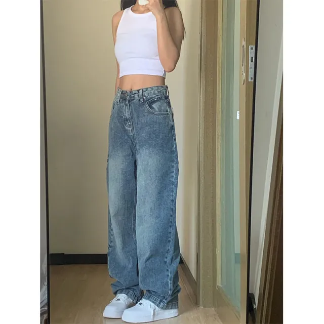 Plus Size High Waist Wide Leg Jeans For Women Retro Blue Premium - Shop at LoveMi