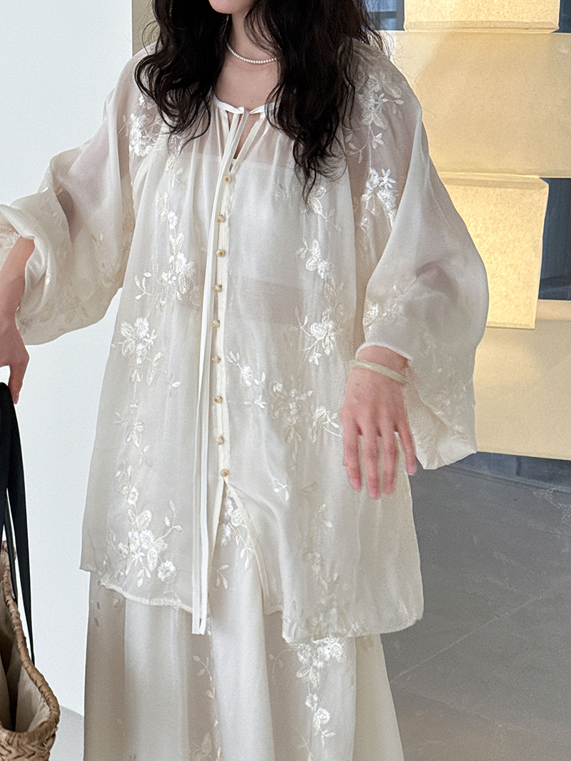 Embroidery Shirt Mid length Dress Set Apricot - Shop at LoveMi