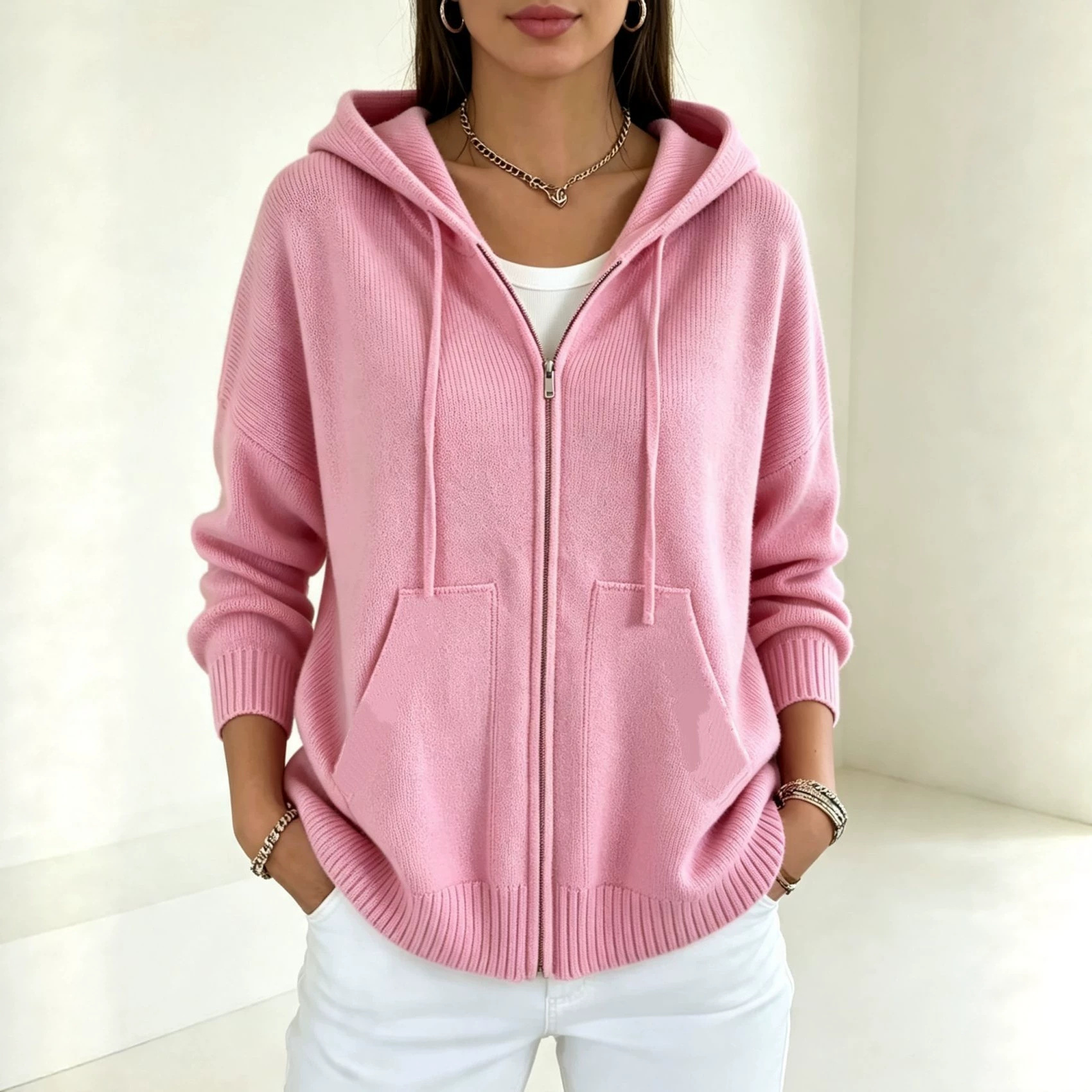 Solid-color Hooded Zip-up Loose-fit Knit Cardigan For Women 3
