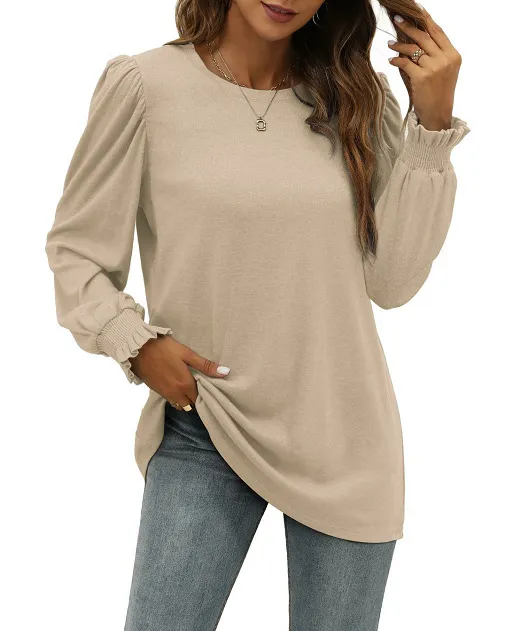 Round Neck Puff Sleeve Long Women's Clothing Top - Khaki
