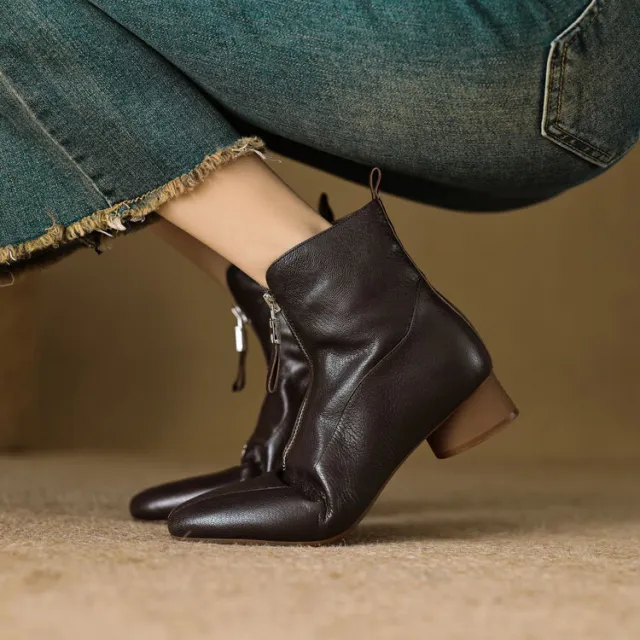 Full grain Sheepskin Thick Heel Front Zip Ankle Boots Brown - Shop at LoveMi