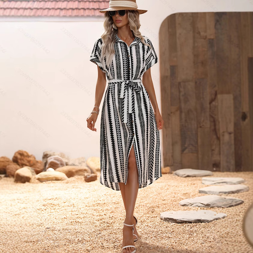 Women's Elegant Printing Bat Sleeve Shirt Dress Stripes - Shop at LoveMi