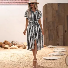 Women's Elegant Printing Bat Sleeve Shirt Dress - Stripes - View 1