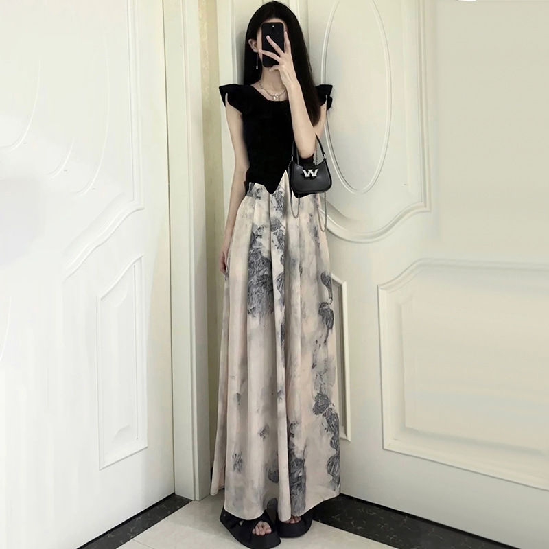 High Waist Slimming Ink Painting Casual Pants Two-piece Set