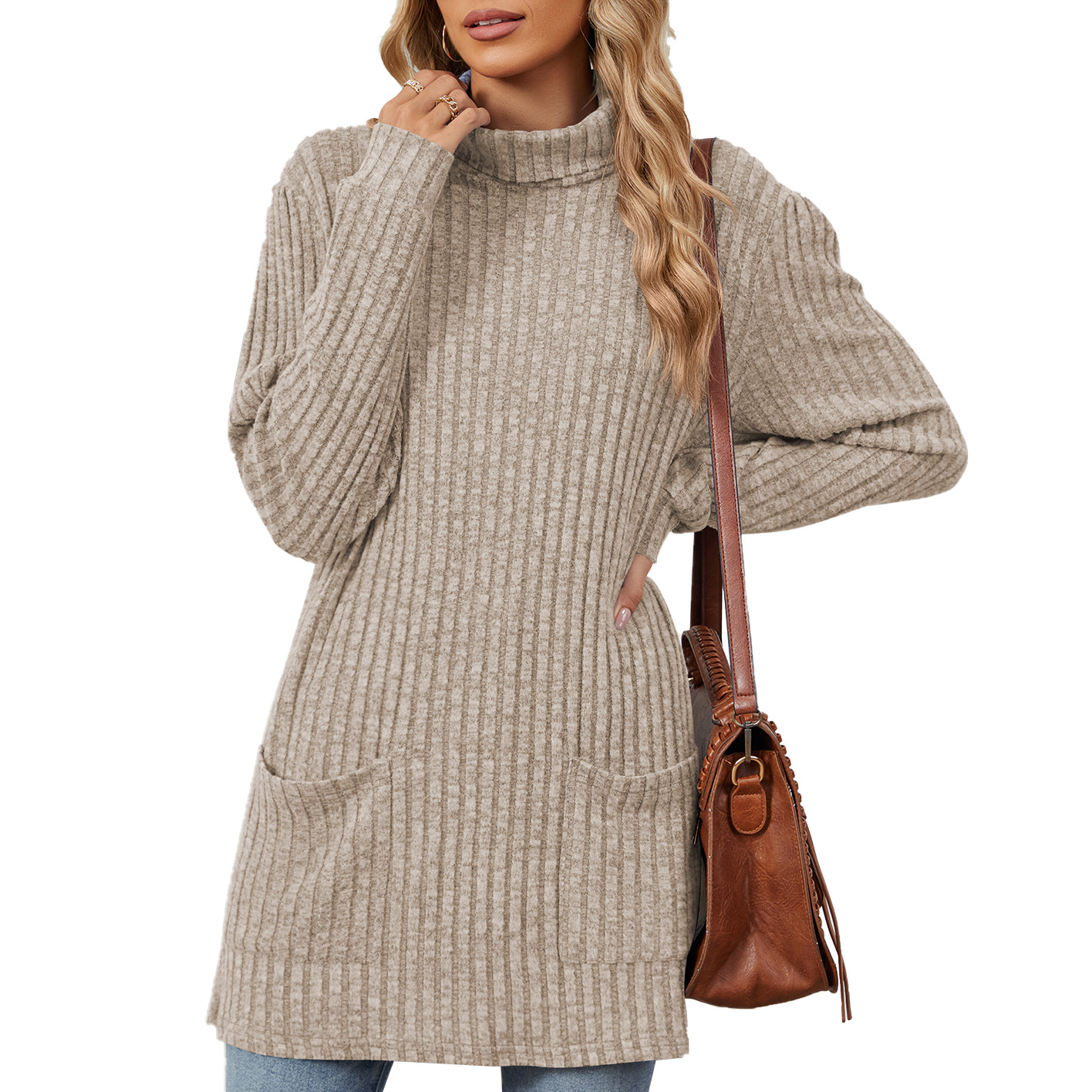 Mock-neck Long-sleeve Casual Womens Top With Pockets