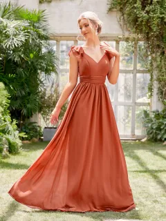 Chiffon Long V-neck Formal Cocktail Party Party Evening Dress - Orange - View 1