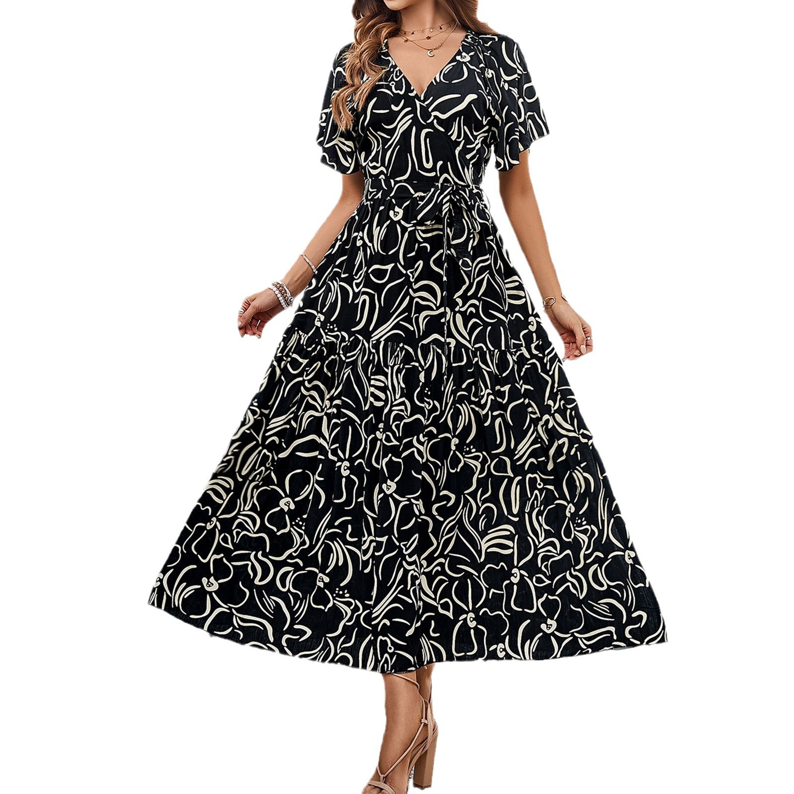 Spring And Summer Leisure Holiday Floral Print Short Sleeve Dress