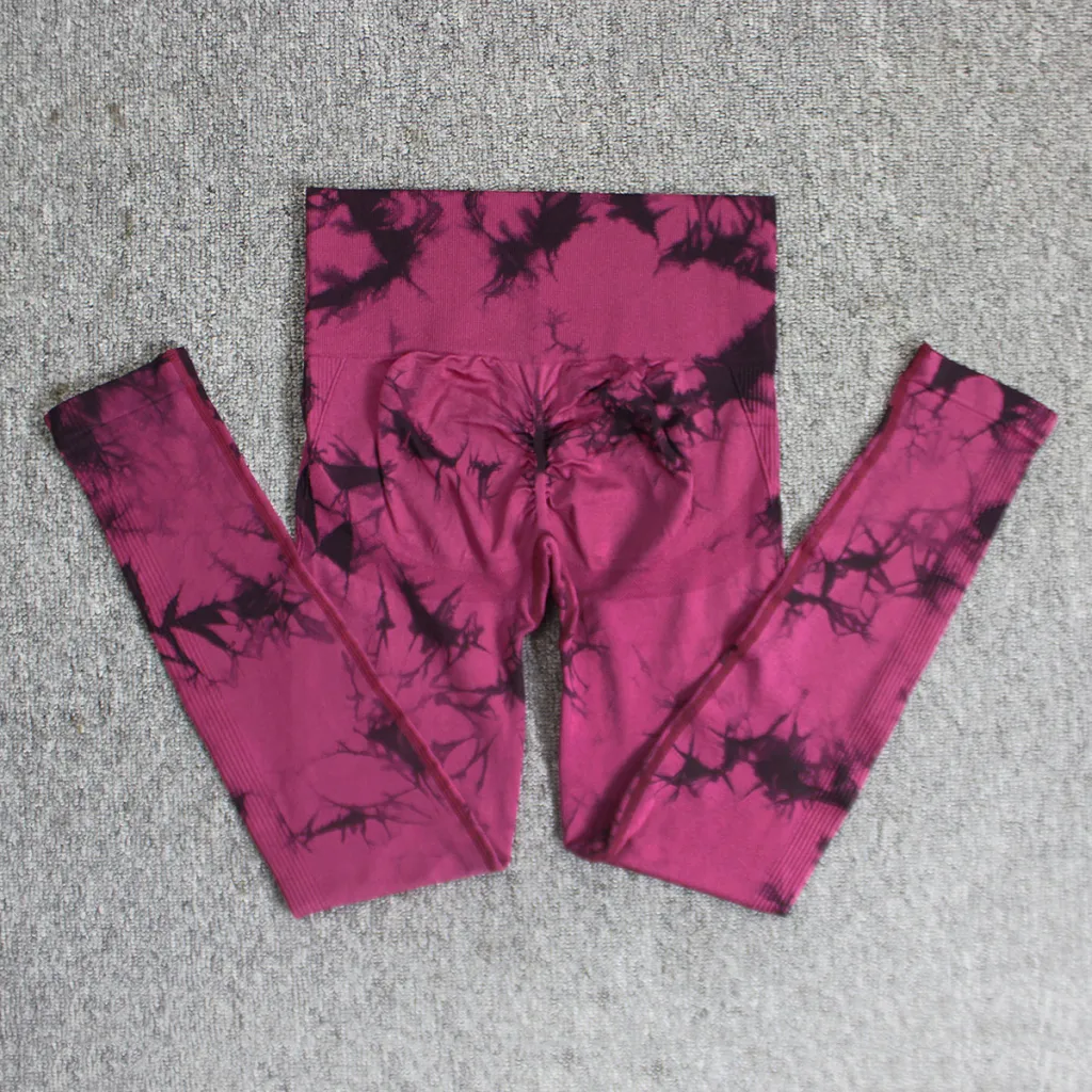 Women's Printed Tie-dye Seamless Skinny Yoga Pants - Black Wine Red Blackwinered