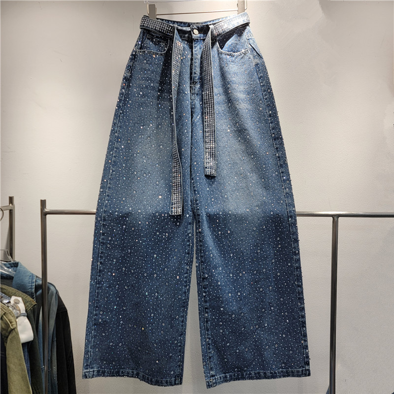 New Starry Hot Rhinestone Retro Washed Ribbon Jeans