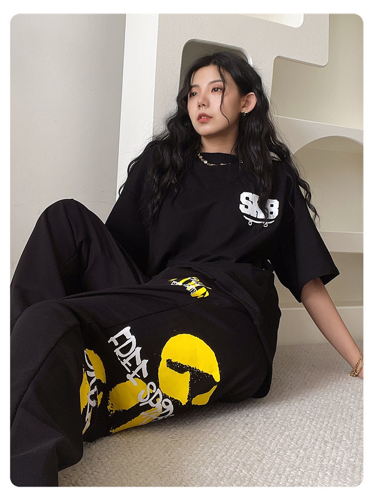 Title 12, New Yellow Letter Black Womens Loose Casual Wi...