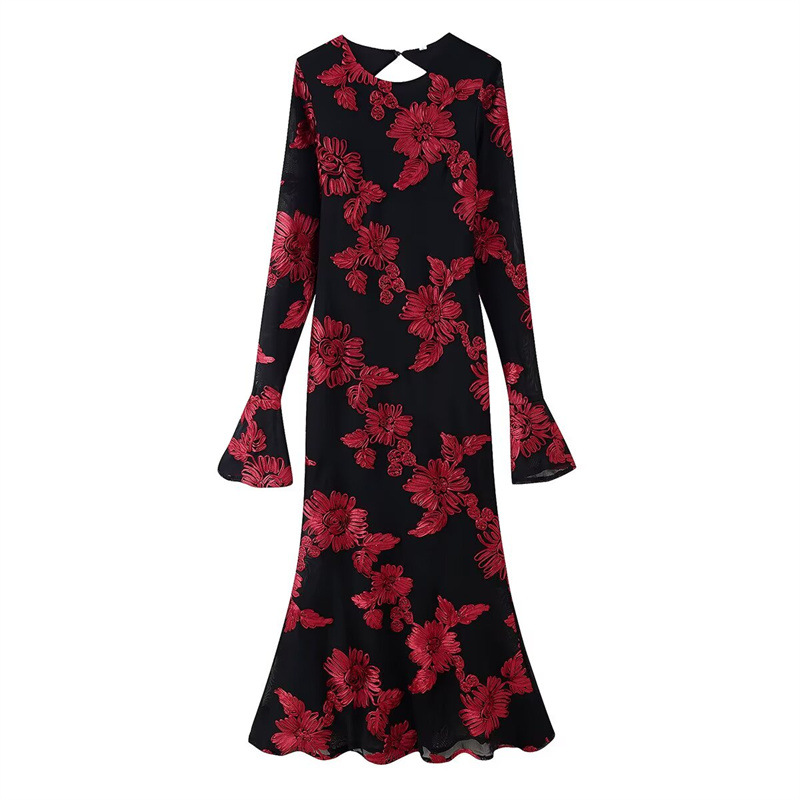 Slim fit Three dimensional Plate Flower Long Sleeve Backless Dress - Shop at LoveMi