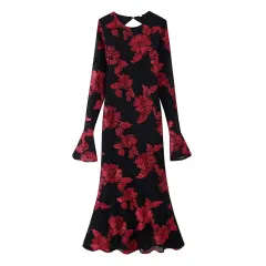 Slim-fit Three-dimensional Plate Flower Long Sleeve Backless Dress - View 1