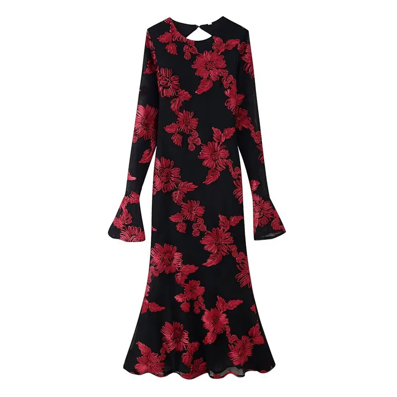 Slim-fit Three-dimensional Plate Flower Long Sleeve Backless Dress