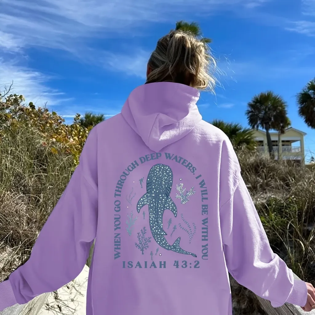 Marine Animal Whale Alphabet Pattern Printed Hoodie - Purple