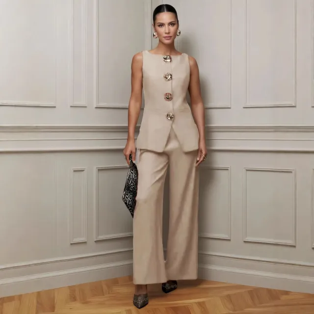 Women's Fashion Golden Button Vest Pants Casual Suit Khaki - Shop at LoveMi