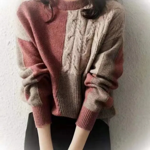 Women's Retro Fried Dough Twists Color Matching Round Neck Sweater Red - Shop at LoveMi