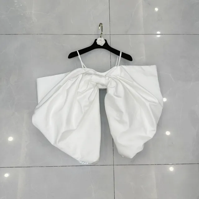 Spaghetti Strap Off shoulder Bubble Long Sleeve Big Bow Top White - Shop at LoveMi