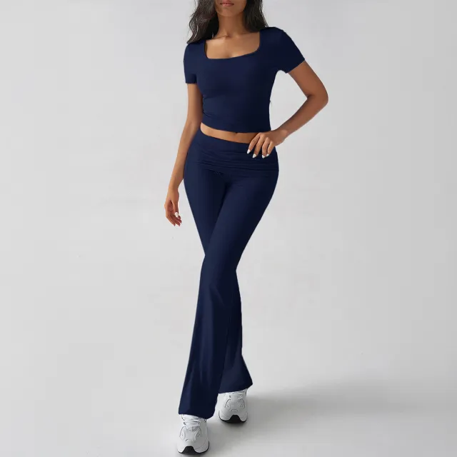 Sports Navel T shirt Long Pants Suit Women's Clothing Dark Blue - Shop at LoveMi