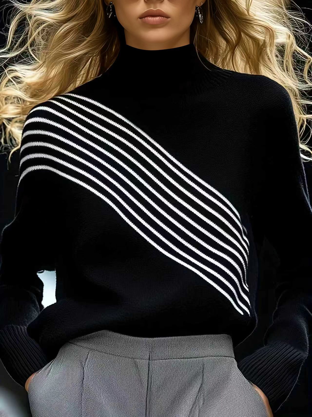 New FallWinter Womens Striped Color-Block Turtleneck Sweater