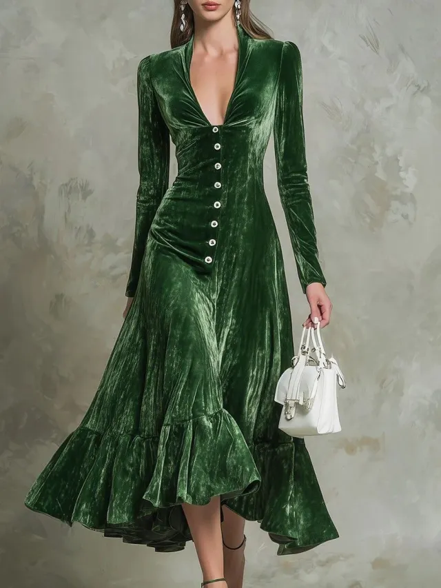 Solid color Buttoned Lapel Long sleeve Waist cinching Dress Green - Shop at LoveMi