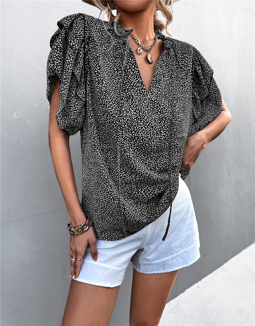 Tied V neck Leopard Print Top Casual T shirt Leopard - Shop at LoveMi