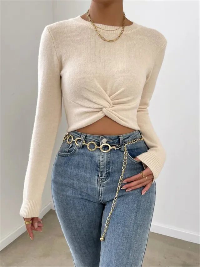 Round Neck Design Cross Knitted Top Sweater For Women Apricot - Shop at LoveMi
