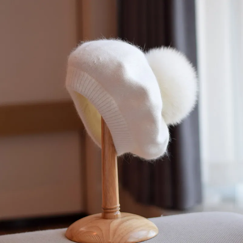 Women's Thin Autumn And Winter Knitting Warm Fur Ball Hat - White