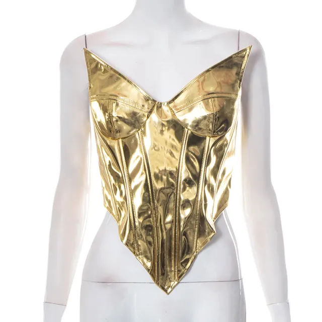 Solid Color Leather Glossy Sleeveless Tube Top Top Gold - Shop at LoveMi