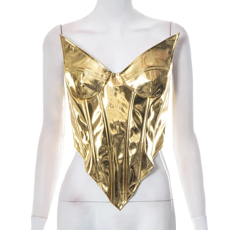 Solid Color Leather Glossy Sleeveless Tube Top Top - Gold