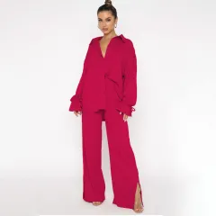 Solid Colour Polo Collar Single-breasted Long Sleeve Tied Top Smart Trousers Suit - Rose Red - View 1