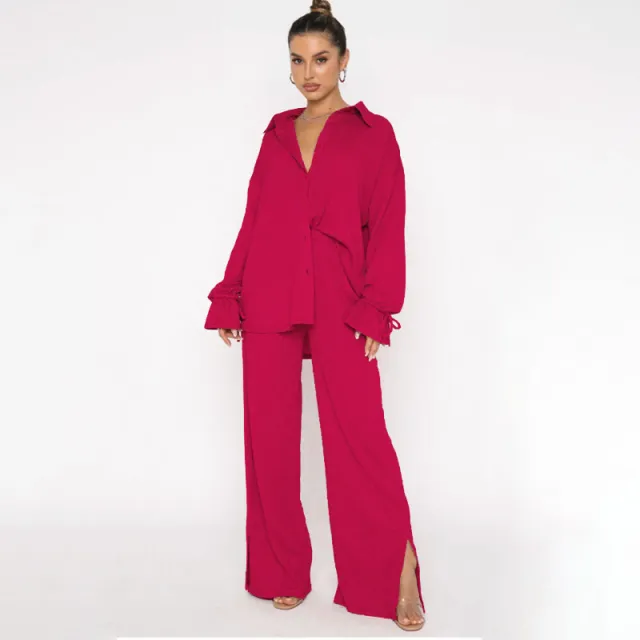 Solid Color Polo Collar Single breasted Long Sleeve Tied Top Smart Trousers Suit Rose - Shop at LoveMi