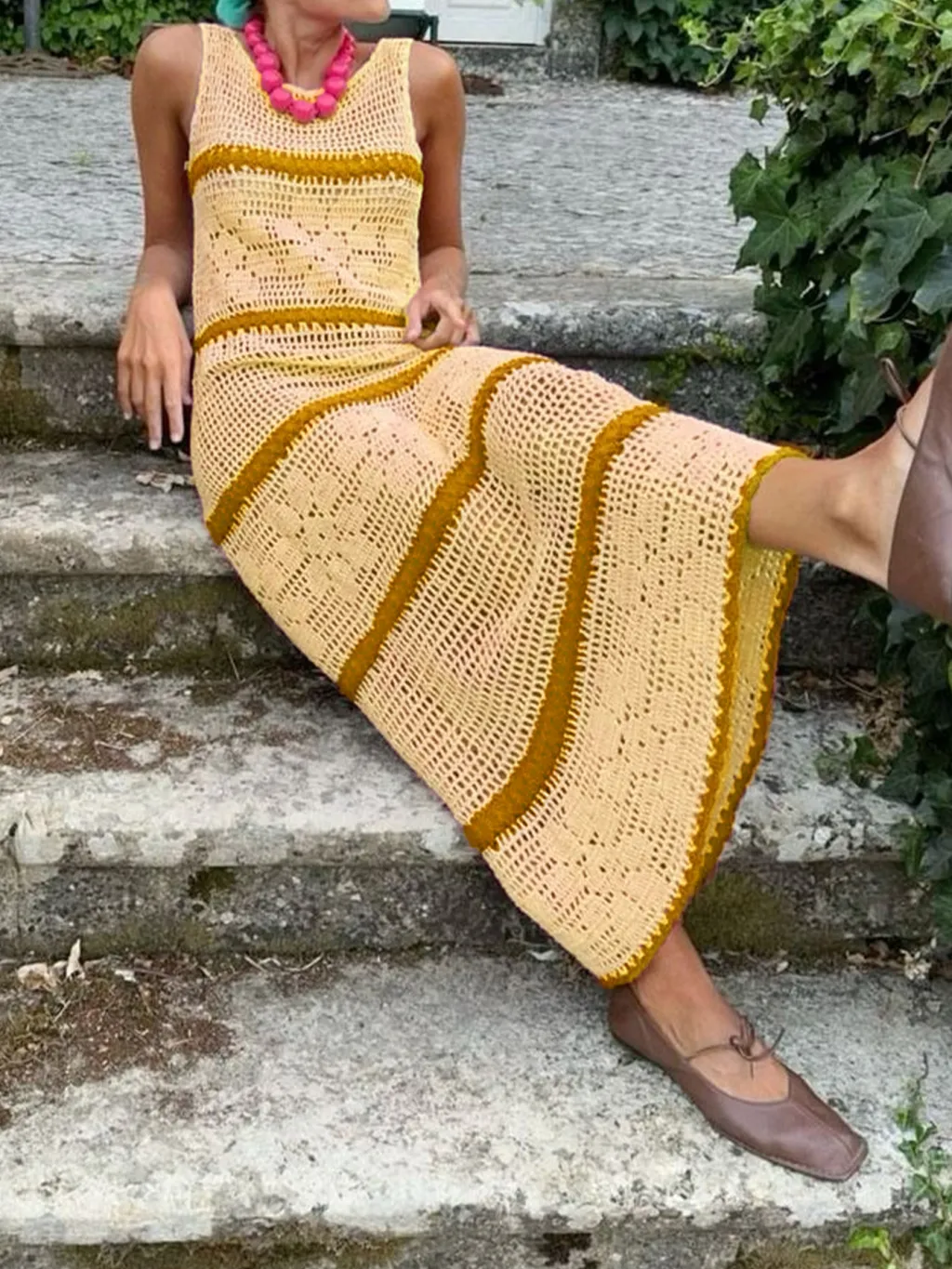 Knitted Sweater Contrast Color Vest Hollow Dress - Yellow