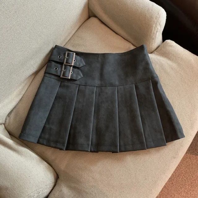 Women's American style Vintage Brown PU Leather Pleated Skirt Gray - Shop at LoveMi
