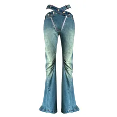 Slim Fit Hollow High Waist Pleated Placket Denim Bell-bottom Pants - View 1