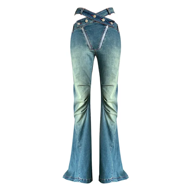 Slim Fit Hollow High Waist Pleated Placket Denim Bell bottom Pants - Shop at LoveMi
