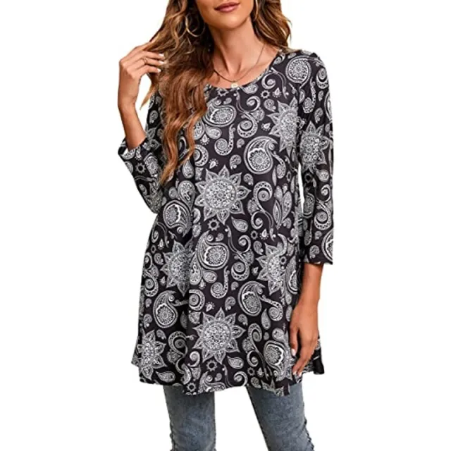 Casual Three quarter Sleeve Floral Flowy Loose Round Neck T shirt A14 - Shop at LoveMi