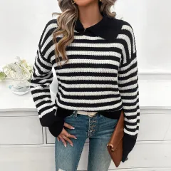 Top Women's Loose Lapels Striped Long Sleeve - Black - View 1