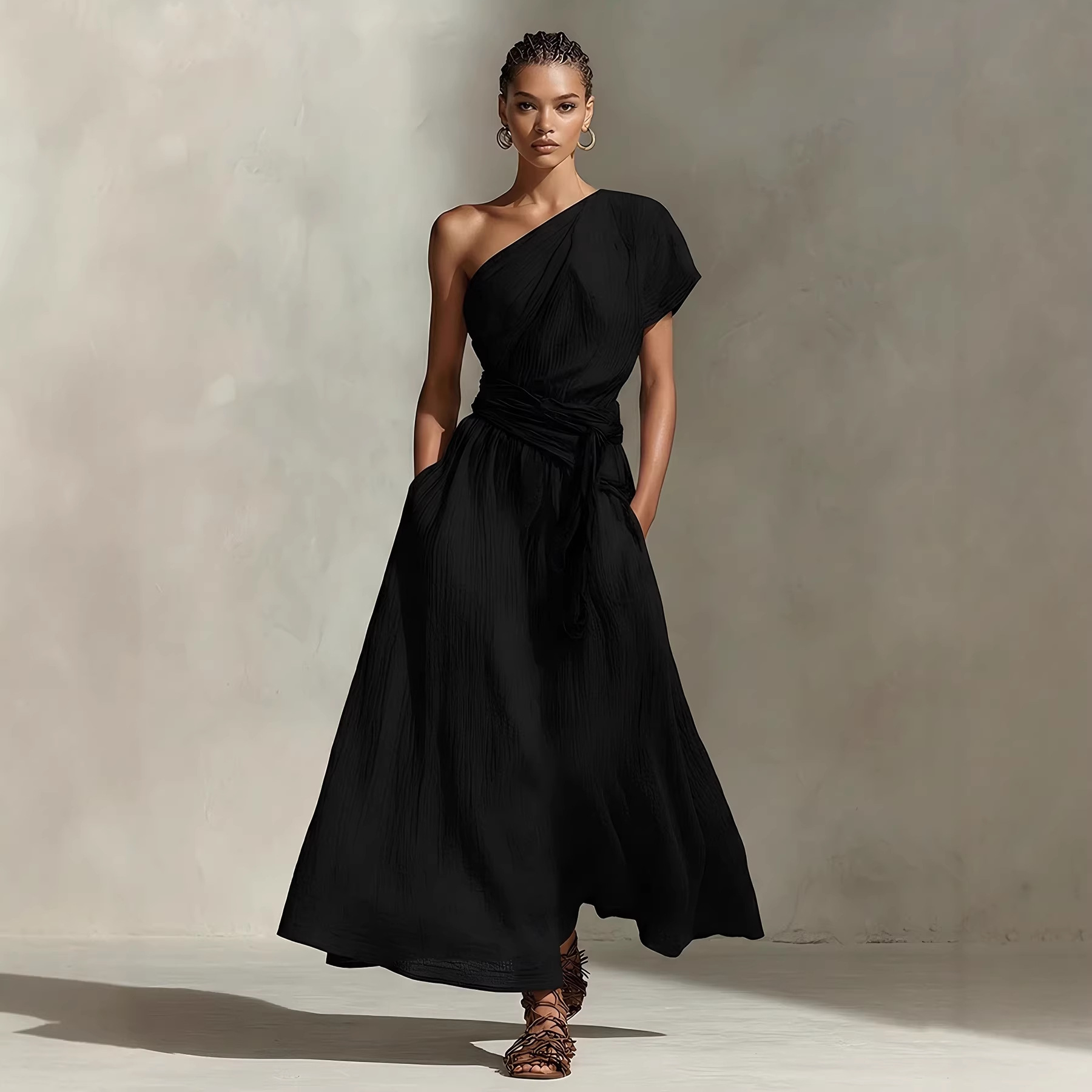 Womens Long One-Shoulder Dress With Neckline And Waist Tie
