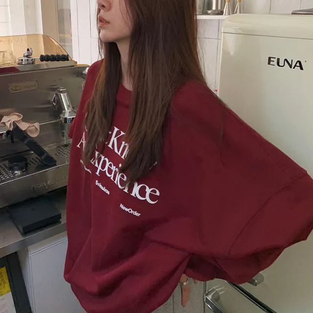 Fleece lined Loose fitting Casual Pullover Fall Winter Coat Vintage Round Neck Long Sleeve Bottoming Shirt Top Wine - Shop at LoveMi