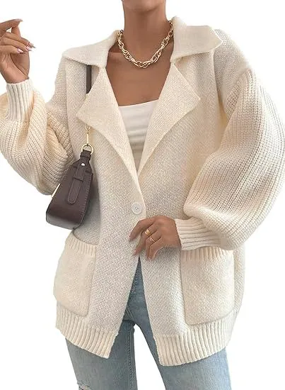 Women's Lapel Sweater Coat V neck Buttons Beige - Shop at LoveMi