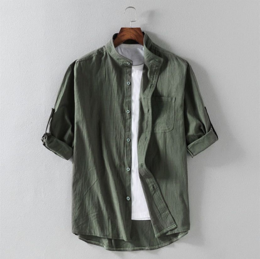 Loose Linen Stand Collar Men's Shirt. Product information: Pattern: solid color, Color: white, black, green, Size: M,L,XL,XXL,XXXL, Style: Cardigan, Fabric name: Cotton, Style: Korean style, Craft: embossing. Note: 1. Asian sizes are 1 to 2 sizes smaller 