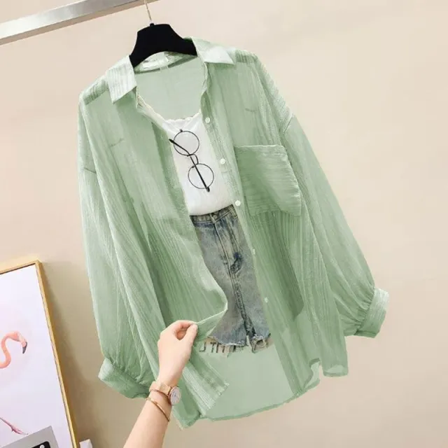 Thin Coat Loose All match Clothes Women's Long Sleeve Chiffon Cardigan Shirt Green - Shop at LoveMi