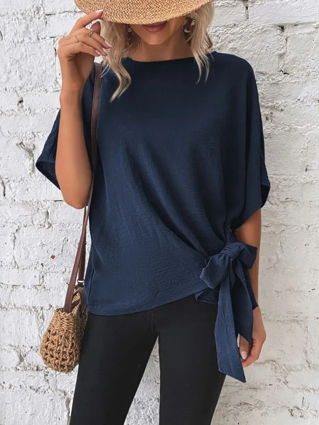 Women's Solid Color Batwing Sleeve Loose Top Blue - Shop at LoveMi
