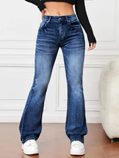 Denim High Waist Loose And Slimming Bootcut Trousers - Dark Blue - View 1