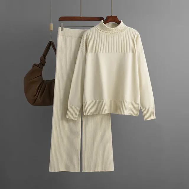 Women's Knitted Pullover Solid Color High Collar Loose Casual Autumn And Winter Sweater Two piece Set Apricot - Shop at LoveMi