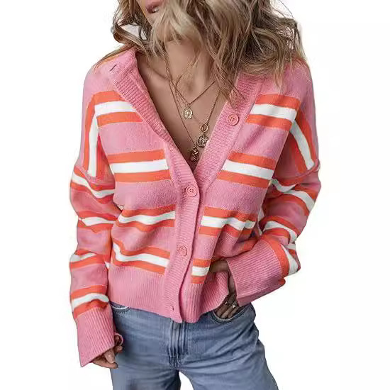 Striped Color Stitching Knitted Cardigan Women's Clothing - Image 8
