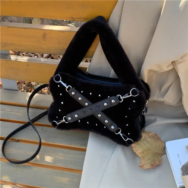 Sweet Cool Rivet Plush Shoulder Bag Black - Shop at LoveMi