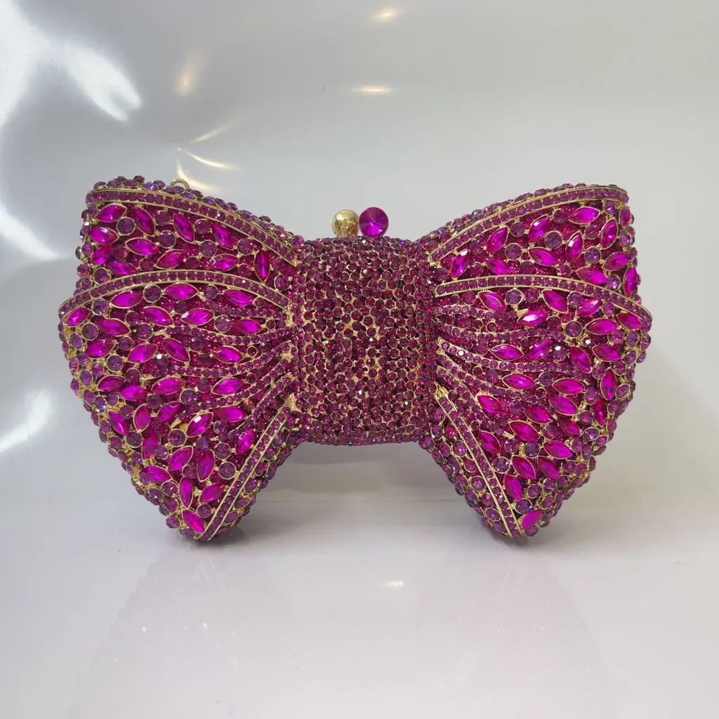 Bow Diamond Evening Bag Rhinestone Clutch - Rose